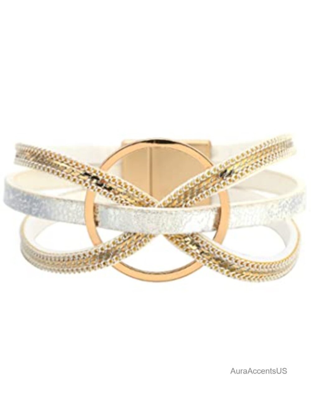 Genuine Leather Wrap Bracelet with Gold Circle Charm Boho Bangle Multilayer